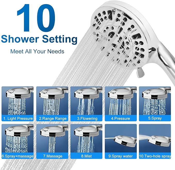 Shower Head,10 mode High Pressure shower head with handheld, Anti-clog Nozzles, Built-in 2 Power Wash to Clean Tub, Tile & Pets, High Flow Hand Held Shower Head, Leakproof 59 Inch Hose&Metal Bracket