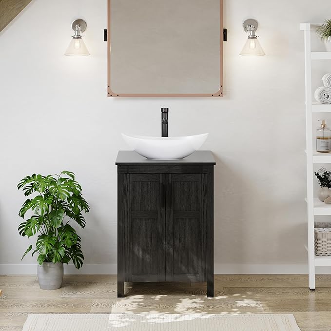 UEV Black 24" Bathroom Vanity with Sink Combo,Modern Vanity with Vessel Sink,Stylish Bathroom Vanity Cabinet,Grooved Doors & Metal Handles,Modern White Boat Vessel Sink(T44)