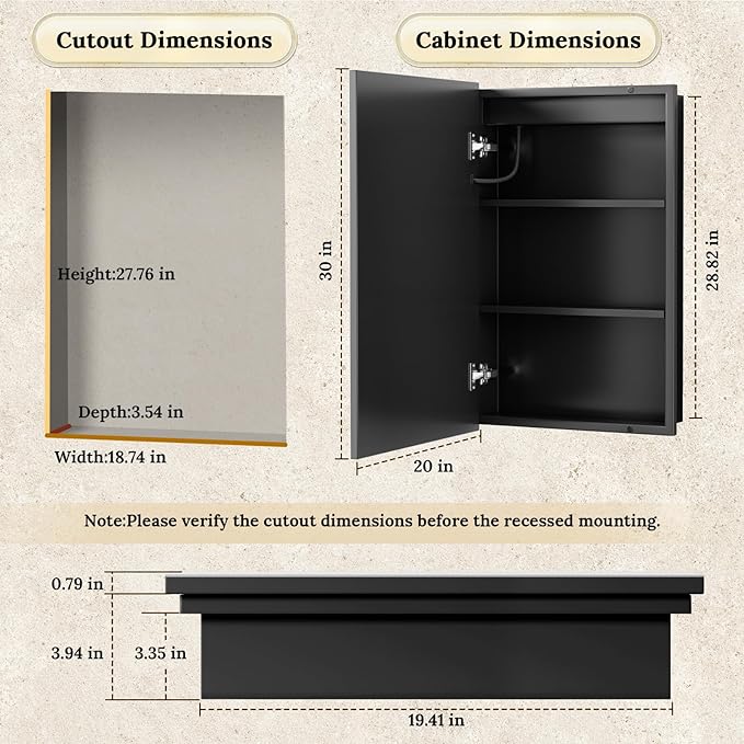 20"X30" Bathroom Medicine Cabinet with Mirror, LED Lighted Medicine Cabinet with Anti-Fog, 3 Colors Temperature Stepless Dimmable, Metal Cabinet for Storage and Mordern Decor, Black