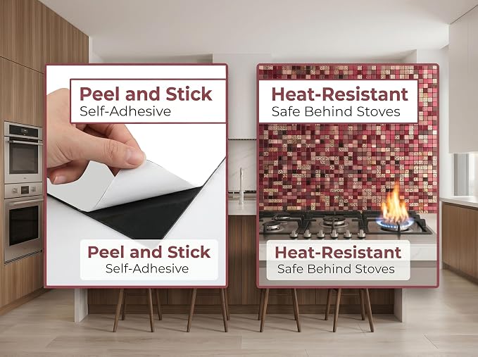 10 Sheets Peel and Stick Backsplash Tile for Kitchen, Self Adhesive wall Tiles, Stick on Bathroom Vanities, Fireplace Decor, Laundry Table (Red Mixed)