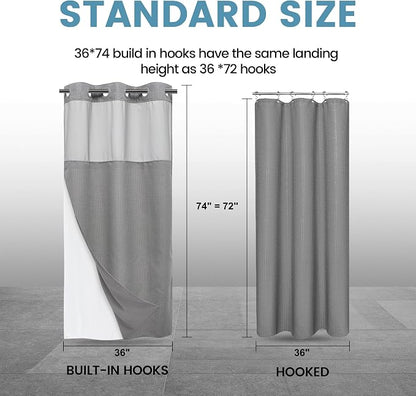 EUTXL Heavyweight Stall No Hook Shower Curtain with Snap in Liner,256GSM Waffle Weave Shower Curtains for Bathroom,36W x 74H,Grey