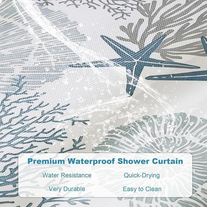 Modern Ocean Rustic Shower Curtain, Coastal Summer Aesthetic Unique Seashell Shower Curtains for Bathroom, Waterproof Bath Curtain with Hooks Machine Washable Bathtub Curtains 72x72 Inch Blue