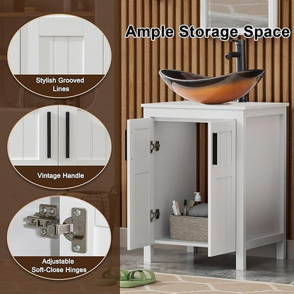 UEV White 24" Bathroom Vanity with Sink Combo,Modern Freestanding Sink Cabinet,Stylish Bathroom Vanity Cabinet,Grooved Double Doors,Metal Handles,Modern Brown Boat Tempered Glass Vessel Sink (029BR)
