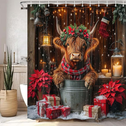 Christmas Highland Cow Shower Curtain, Winter Funny Cow Rustic Western Farmhouse Brown Wood Board Shower Curtain Set Bathroom, Xmas Snowflake Holiday Fabric Bath Decor with Hooks 70X70IN