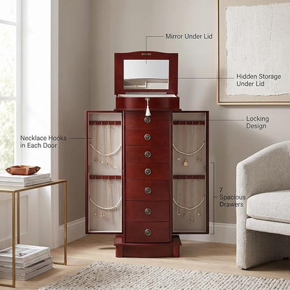 Hives and Honey Noelle Standing Jewelry Armoire, Locking Organizer with Mirror, 7 Drawers, Side Doors, Necklace Hooks, Ring Rolls, Jewelry Box for Earrings, Bracelets, and More