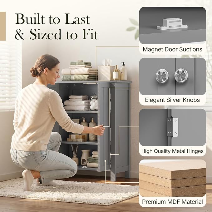SUPER DEAL Modern Bathroom Floor Storage Cabinet with Adjustable Shelf and Double Door Rust Proof, Living Room Modern Home Furniture Storage Organizer Cabinet, Grey