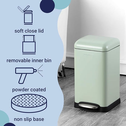 happimess Betty Retro Mini 3.2 Gal Step Trash Can, Pistachio Gelato | Soft-Close Lid, Removable Liner, Iron, Hands-Free Pedal, Satin Finish, Non-Skid Base, Built-In Damper, Modern, Minimalistic