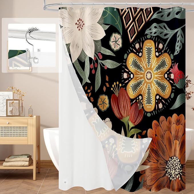 3 in 1 Boho Floral Shower Curtain Set with PEVA Liner & 12 Hooks, 72 x 78 | Boho Tropical Botanical Style, Farmhouse Floral Fabric, Modern Hotel Inspired, Water‑Repellent, Machine Washable