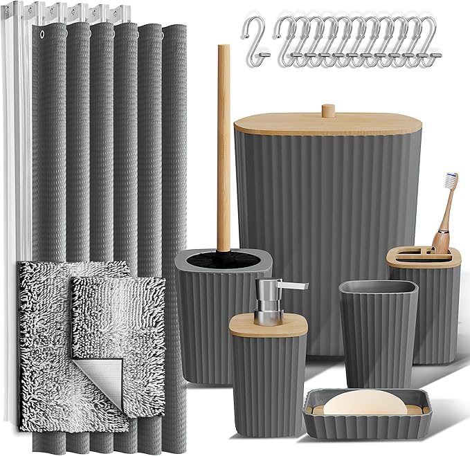 Clara Clark Bathroom Accessories Set - Bathroom Set, Bathroom Sets with Shower Curtain and Rugs, Shower Curtain Set with Bathroom Trash Can - Ombre Grey - 22PC | 22 Piece Ombre Grey Bathroom Accessories Set with Toothbrush Holder, Soap Dispenser, Soap ...