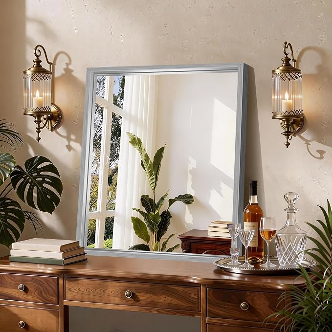 CIRCUMI 24"x30" Brushed Silver Bathroom Mirror, Rectangular Vanity Mirror | Chunky Box Metal Frame, Shatterproof, Tempered Glass, Bathroom Remodel&New Home,Wall Mirror for Over Sink,Living Room,Hallway