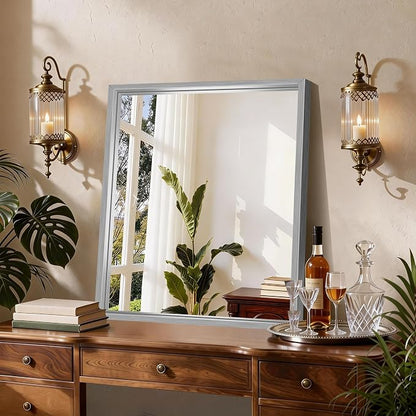 CIRCUMI 24"x30" Brushed Silver Bathroom Mirror, Rectangular Vanity Mirror | Chunky Box Metal Frame, Shatterproof, Tempered Glass, Bathroom Remodel&New Home,Wall Mirror for Over Sink,Living Room,Hallway