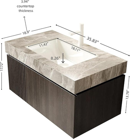 KEIKI 36 Inch Floating Bathroom Vanity with Sink, Espresso & Grey | Modern Wall Mounted Storage Cabinet w/ Drawer & Door, Pre-assembled Wood Panels, Sintered Stone Top & Ceramic Basin Combo Set
