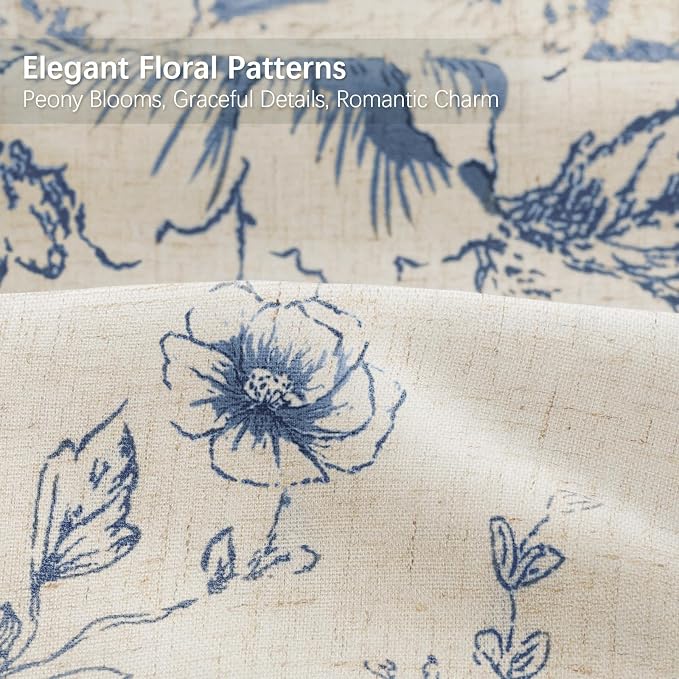 Farmhouse Floral Vintage Shower Curtain for Bathroom, Dark Blue and Tan | Elegant Boho Pattern Bath Curtain Linen Fabric,72" W x 72" L