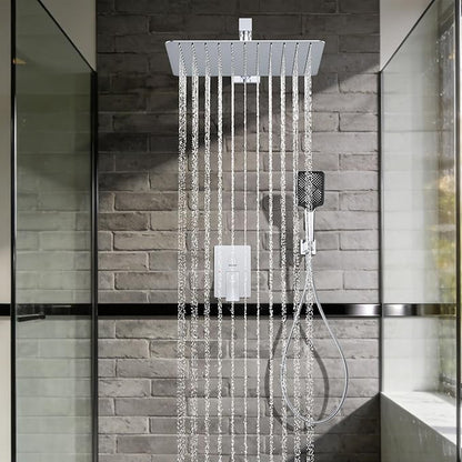 Shower System Modern Rain Brass Faucet Set With Valve and Diverter Shower Mixer With Handheld High Pressure Square Rainfall Shower Valve (12'' Wall Mount, Chrome Polished)