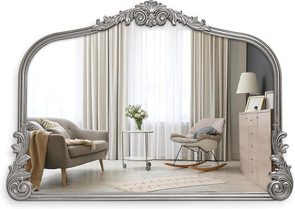 English Estate Carved Arch Wood Wall Mirror, Mirror for Entryway, Living Room, Bathroom, Antique Silver, 26x37