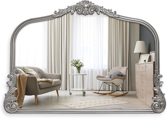 English Estate Carved Arch Wood Wall Mirror, Mirror for Entryway, Living Room, Bathroom, Antique Silver, 26x37