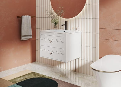 eclife 24" Floating Bathroom Vanity with Sink Combo, Modern Painted Wall-Mounted Vanities Storage Cabinet with Scalloped Decor, Undermount Basin, Faucet, Drain, White
