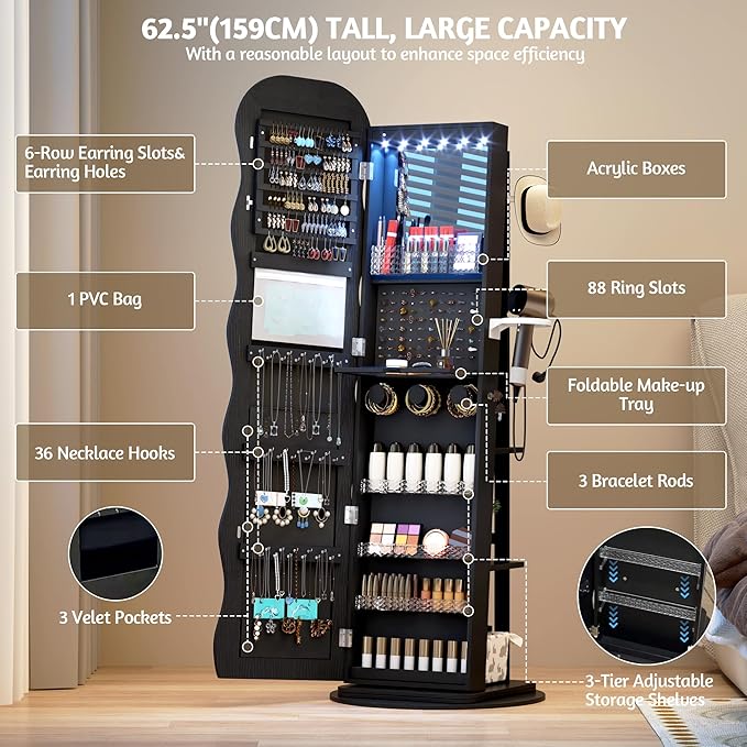 Vlsrka 360° Swivel Jewelry Armoire with Full Length Wave Mirror, Black | Lockable Mirror Jewelry Cabinet Standing, Interior LED Makeup Mirror, Foldable Shelf, Large Capacity, Gift for Women, Girls