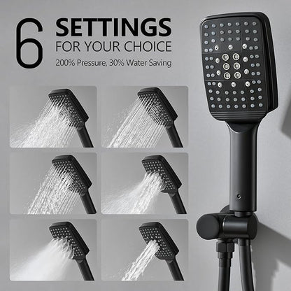 Shower Faucet Set Wall Mounted Shower head with Handheld Comb Rain System 6 Function Pressure Balance - Stainless Steel Bathroom Shower Kit Complete 12 Inch Matte Black(With Valve)