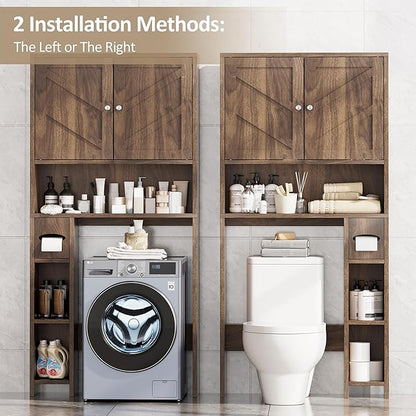 Over Toilet Storage Cabinet with Toilet Paper Holder Stand, Freestanding Bathroom Storage Cabinet, Rustic Farmhouse Bathroom Organizer with Adjustable Shelf & Anti-Tipping, Walnut