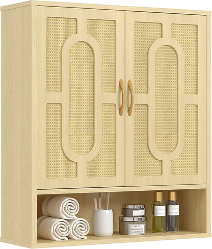 VECELO Rattan Bathroom Wall Cabinet, Medicine Cabinets with Adjustable Shelves, Wall Mounted Above Toilet Storage Organizer for Bathroom, Kitchen, Entryway