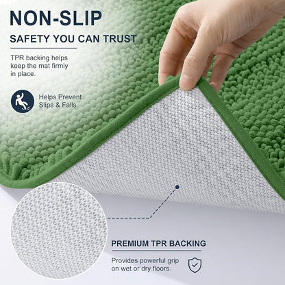 Smiry Thick Small Chenille Bathroom Rugs 24x16, Soft Bath Mat, Olive Green | Quick‑Dry & Machine Washable, Non‑Slip Bath Carpet, Striped Bath Rugs for Tub & Shower, Modern Home Decor Accessories