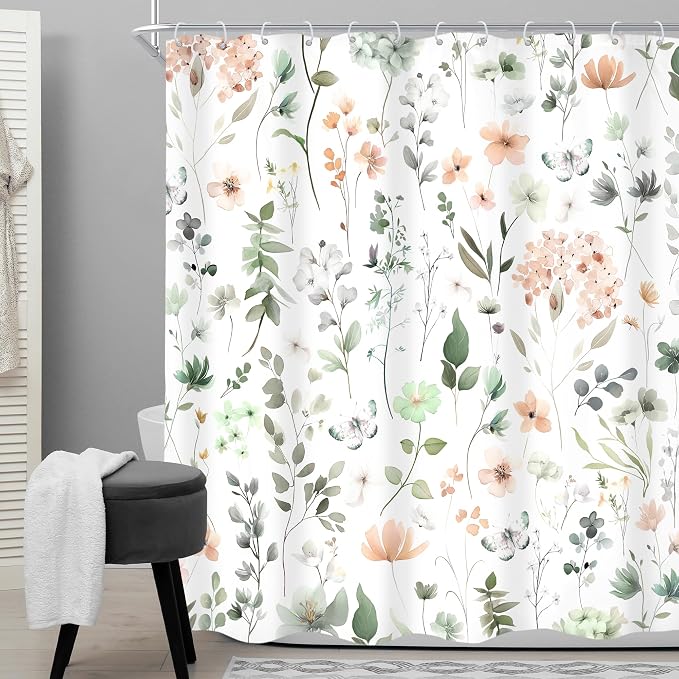 Cute Green Pink Floral Wildflower Watercolor Bathroom Shower Curtain Set | 60"W x 72"H Boho Butterfly; waterproof HD print, quick-dry fabric and plastic hooks for easy setup.