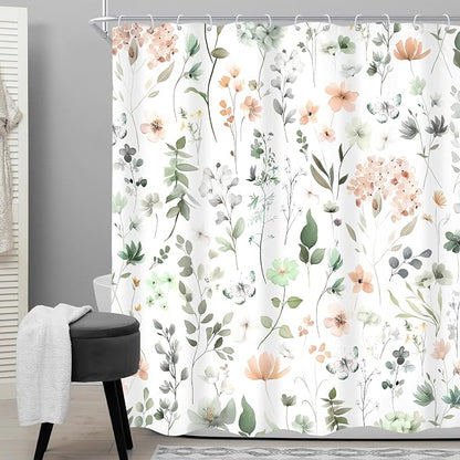 Cute Green Pink Floral Wildflower Watercolor Bathroom Shower Curtain Set | 60"W x 72"H Boho Butterfly; waterproof HD print, quick-dry fabric and plastic hooks for easy setup.