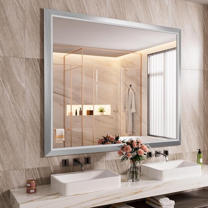 Bathroom Mirror for Wall, 48x40 Inch (Brushed Silver) | HD Reflection, Tempered Glass, Thick Metal Framed Rectangle Mirrors for Over Sink, Bedroom, Living Room, Entryway, Anti-Rust.