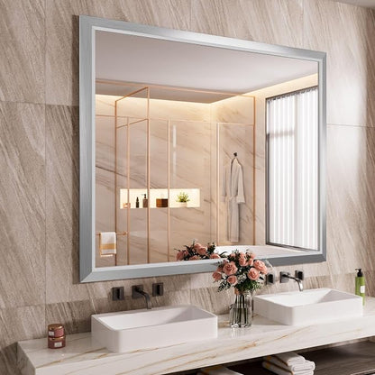 Bathroom Mirror for Wall, 48x40 Inch (Brushed Silver) | HD Reflection, Tempered Glass, Thick Metal Framed Rectangle Mirrors for Over Sink, Bedroom, Living Room, Entryway, Anti-Rust.