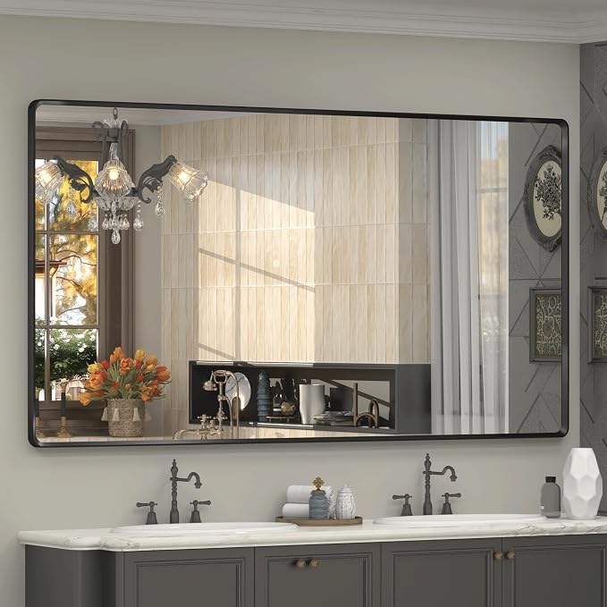 66x36 Inch Black Matte Framed Mirror for Bathroom | Rounded Rectangle Mirror, Bathroom Vanity Mirror for Wall, Anti-Rust, Shatterproof (Horizontal/Vertical)
