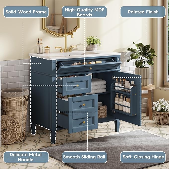 Merax 36 Inch Bathroom Vanity with Top Sink, Modern Bathroom Storage Cabinet with 2 Drawers and a Tip-Out Drawer, Solid Wood Frame Single Sink Bath Vanities, Indigo Blue