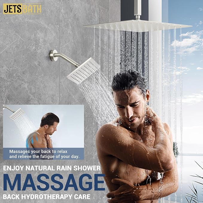 16" Thermostatic Dual Rainfall Head Brushed Nickel Shower System | Ceiling Mounted Full Body Shower Faucet Set with Thermostatic Valve for Couples/ 2-Person，16“+6”Shower Head & handheld