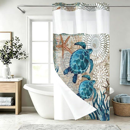 Ocean Beach Coastal Sea Turtles Theme No Hook Waffle Weave Shower Curtain with Snap in Liner Rustic Tropical Bathroom Decor Set 36 W x 74 H Inch Teal Blue