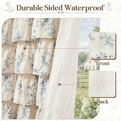 Yinhua Long Farmhouse Ruffle Shower Curtains with Blue Floral, 72" Wx78 L | French Country Vintage Rustic Washable Waterproof Shower Curtain for Bathroom Bathtub, 12 Metal Hooks