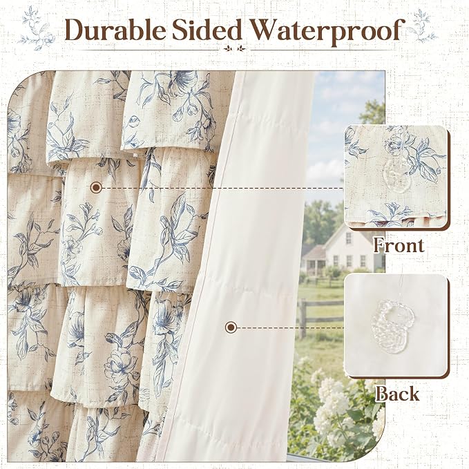Yinhua Farmhouse Ruffle Shower Curtains with Blue Floral, 72" Wx72 L | French Country Vintage Rustic Washable Waterproof Shower Curtain for Bathroom Bathtub, 12 Metal Hooks