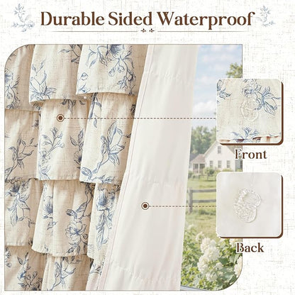 Extra Long Farmhouse Ruffle Shower Curtains with Blue Floral, 72"Wx90"L | French Country Vintage Rustic Washable Waterproof Shower Curtain for Bathroom Bathtub, 12 Metal Hooks
