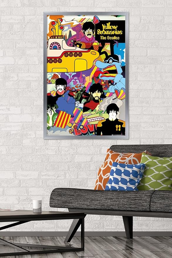 Trends International 24X36 The Beatles - Submarine Collage Wall Poster, 24" x 36", Silver Framed Version