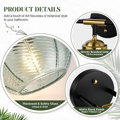 Bathroom Light Fixtures, 2-Light Green Vanity Lights with Unique Leaf Texture Glass Shade, Modern Matte Black and Gold Bathroom Wall Lamp for Mirror Hallway Cabinet Living Room