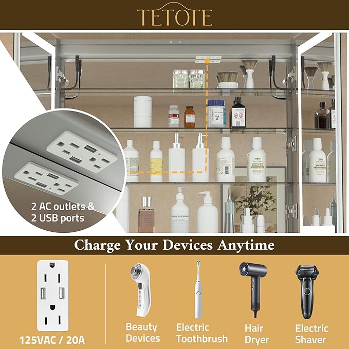 TETOTE 24 x 30 LED Lighted Medicine Cabinet with Lights & Outlets & USB, Recessed or Surface Mount Medicine Cabinet Mirror for Bathroom with Storage, Tempered Glass, 3-Color Dimming, Adjustable Shelf