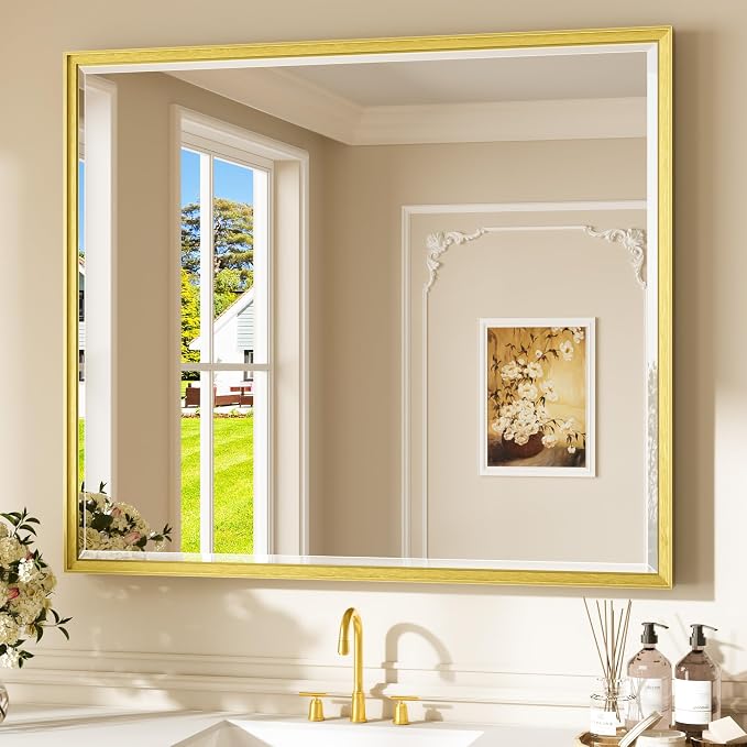 Keonjinn 42" x 36" Brushed Gold Bathroom Mirror, Safe HD Tempered Glass | Aluminum Alloy Frame, Rustproof, Secure French Cleat Installation, Transitional Style, Gold Wall Vanity Mirror for Over Sink