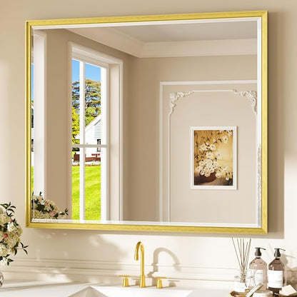 Keonjinn 42" x 36" Brushed Gold Bathroom Mirror, Safe HD Tempered Glass | Aluminum Alloy Frame, Rustproof, Secure French Cleat Installation, Transitional Style, Gold Wall Vanity Mirror for Over Sink