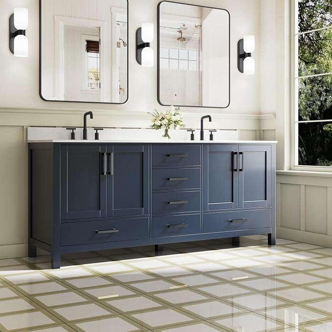 80-Inch Bathroom Vanity with Sink, 4 Soft-Close Doors and 6 Soft-Close Drawers, Bathroom Freestanding Vanity with Cultured Marble Countertop, Navy Blue Vanity with Matte Black Handles
