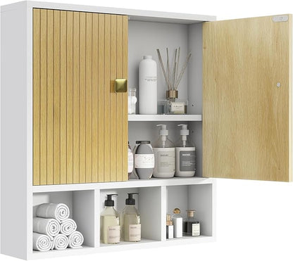 Bathroom Wall Cabinet,Wooden Medicine Cabinet with Fluted Doors Over The Toilet Storage Cabinet with Adjustable Shelf for Bathroom,White