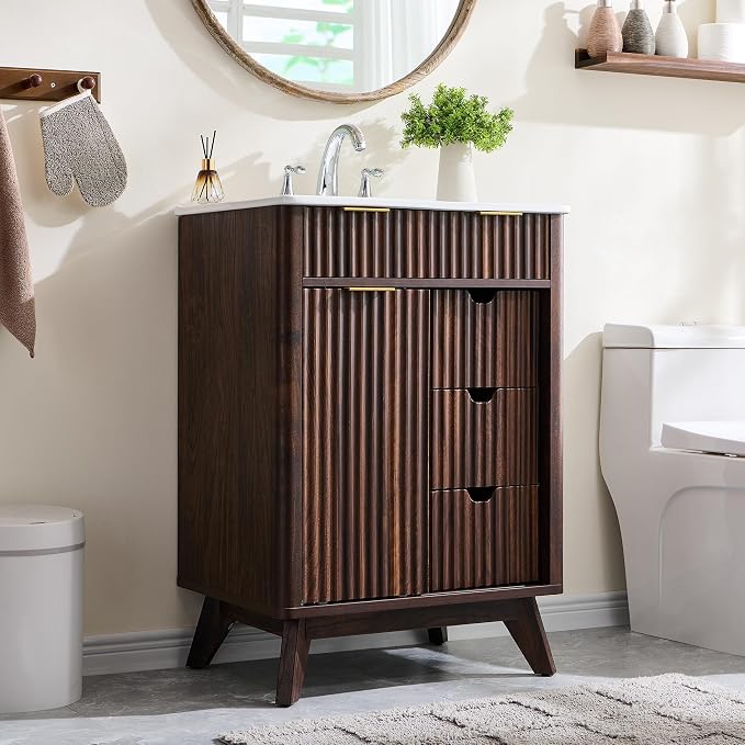 T4TREAM 24" Fluted Bathroom Vanity with Ceramic Sink Combo, Dark Walnut | Freestanding Small Modern Bathroom Storage Vanity Cabinet with Sliding Door & 3 Drawer, Wood Grain Texture, Metal Handle