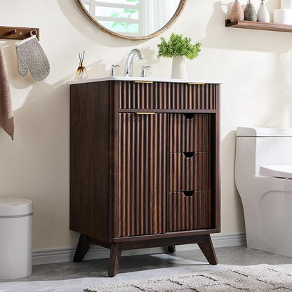 T4TREAM 24" Fluted Bathroom Vanity with Ceramic Sink Combo, Dark Walnut | Freestanding Small Modern Bathroom Storage Vanity Cabinet with Sliding Door & 3 Drawer, Wood Grain Texture, Metal Handle