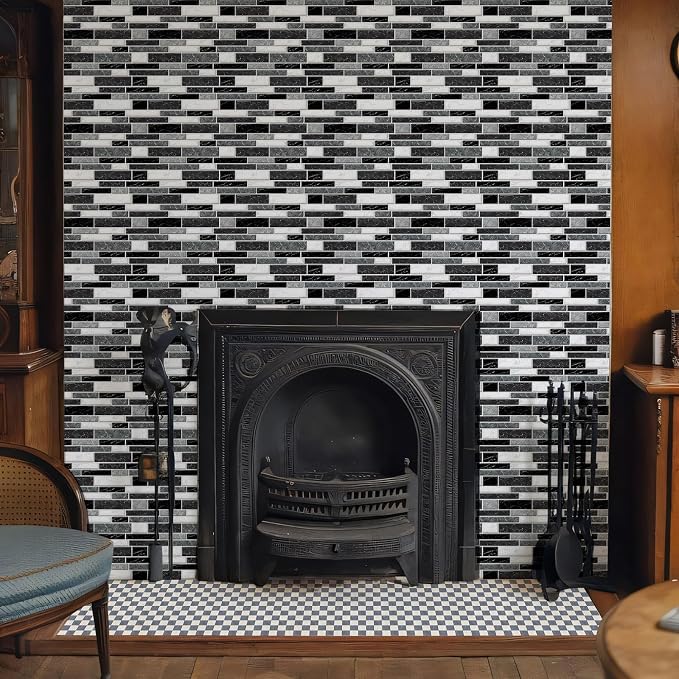 10 Sheets Peel and Stick Backsplash, Peel and Stick Wall Tiles, Marble Look Tiles Backsplash for Kitchen and Bathroom, Livingroom, 12”x12”,Black&White