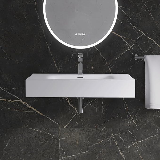 Wall Mount Bathroom Sink 31.9"L x 18"W x 5"H, Resin Stone Floating Sink with Single Facuet Hole, Rectangle Countertop Freestanding Vessel Sinks