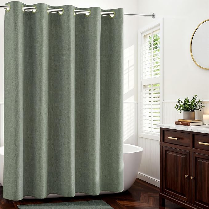 River Dream Linen Textured No Hooks Shower Curtain with Liner,Green,71x74 | with Snap-in Liner,Heavy Duty Fabric,Quick Dry,Bottom Magnets,Water-Repellent,Washable,Farmhouse Bathroom Set