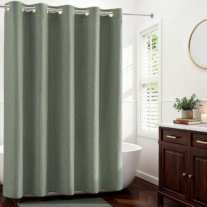 River Dream Linen Textured No Hooks Shower Curtain with Liner,Green,71x74 | with Snap-in Liner,Heavy Duty Fabric,Quick Dry,Bottom Magnets,Water-Repellent,Washable,Farmhouse Bathroom Set